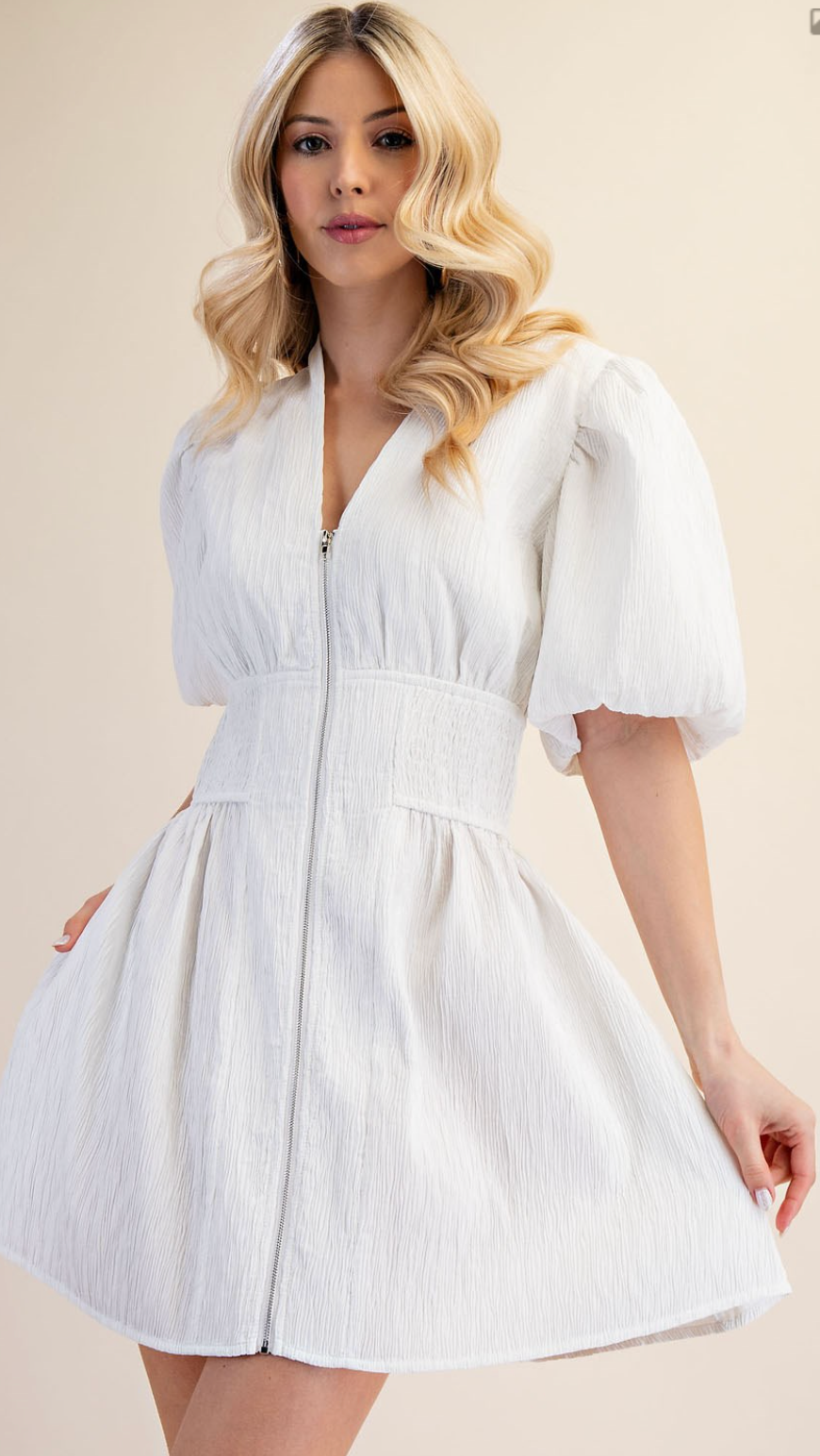 White V-Neck Puff Sleeve Dress