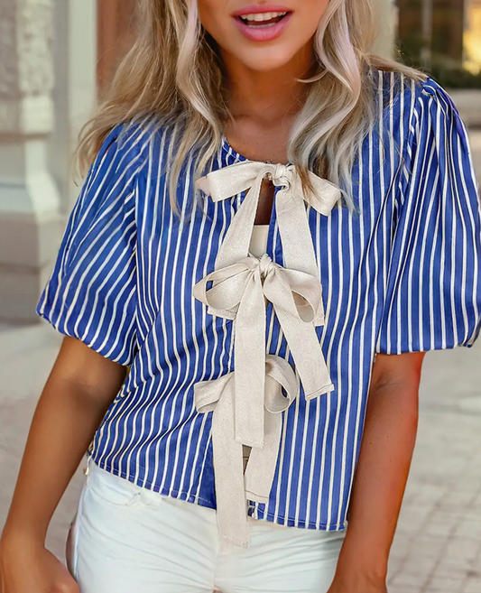 Stripe Tied Front Puff Short Sleeve Blouse