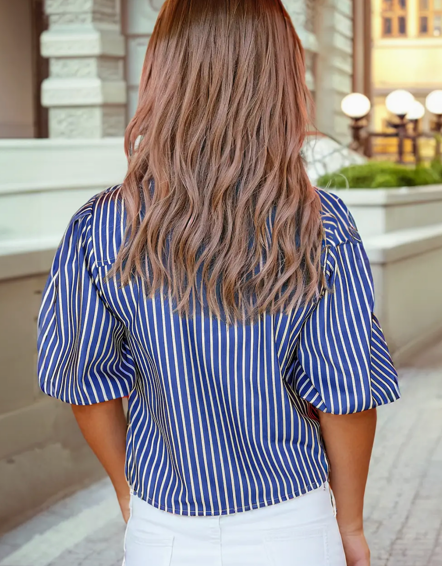 Stripe Tied Front Puff Short Sleeve Blouse