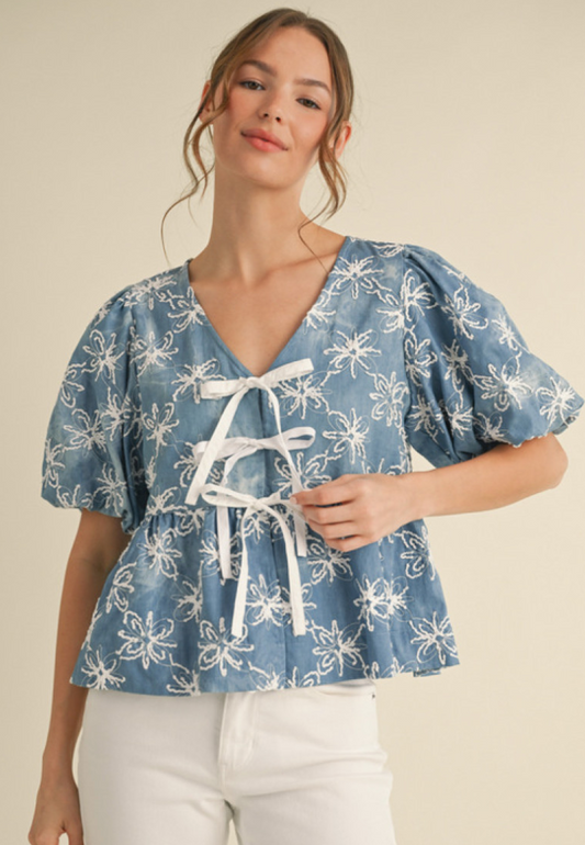 Denim Flower Embroidered Top