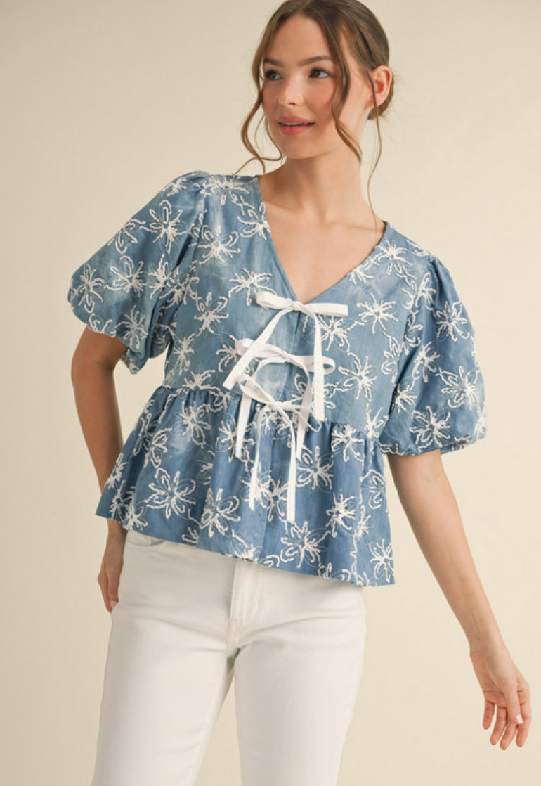 Denim Flower Embroidered Top