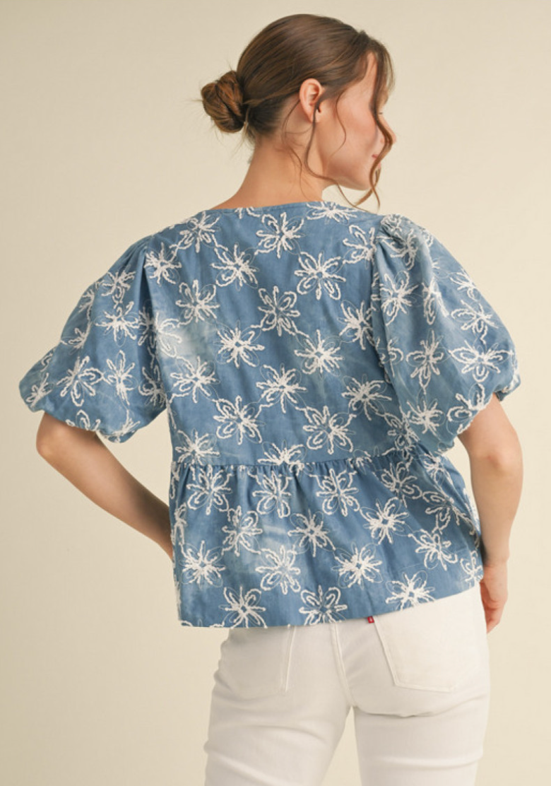 Denim Flower Embroidered Top