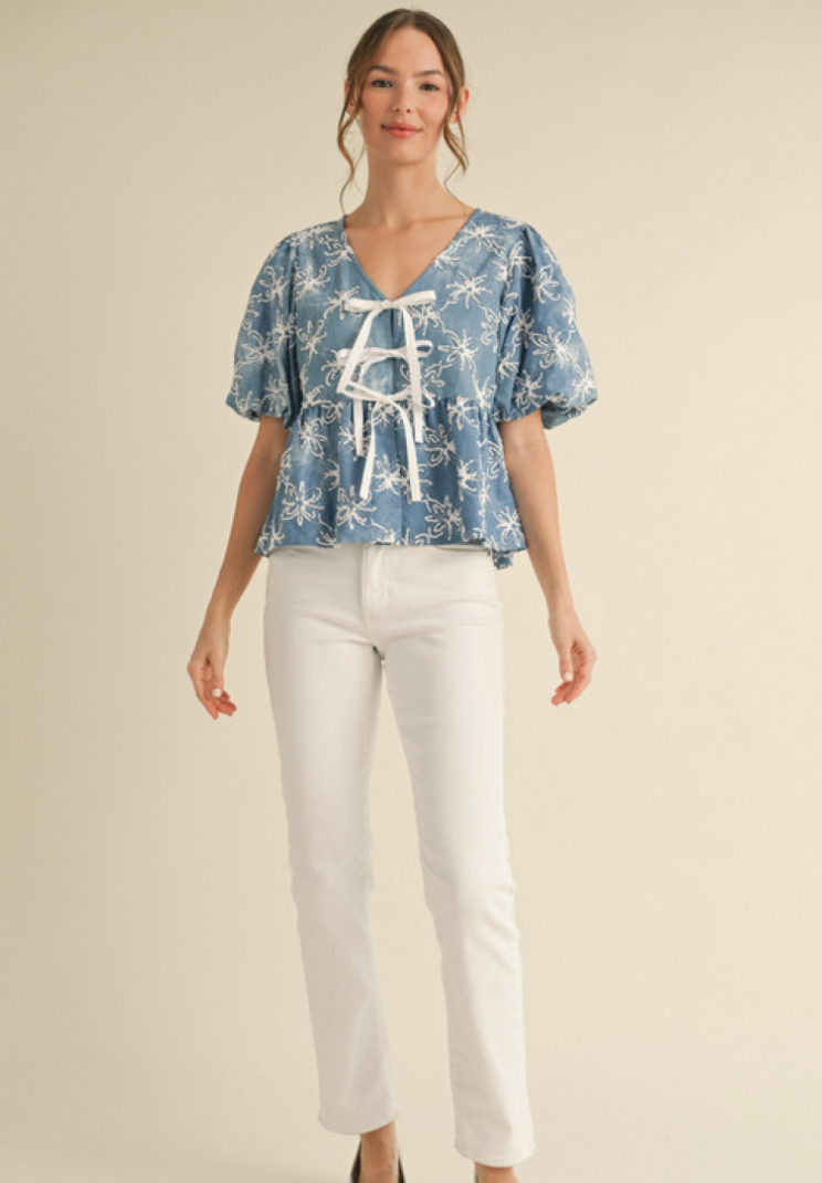 Denim Flower Embroidered Top