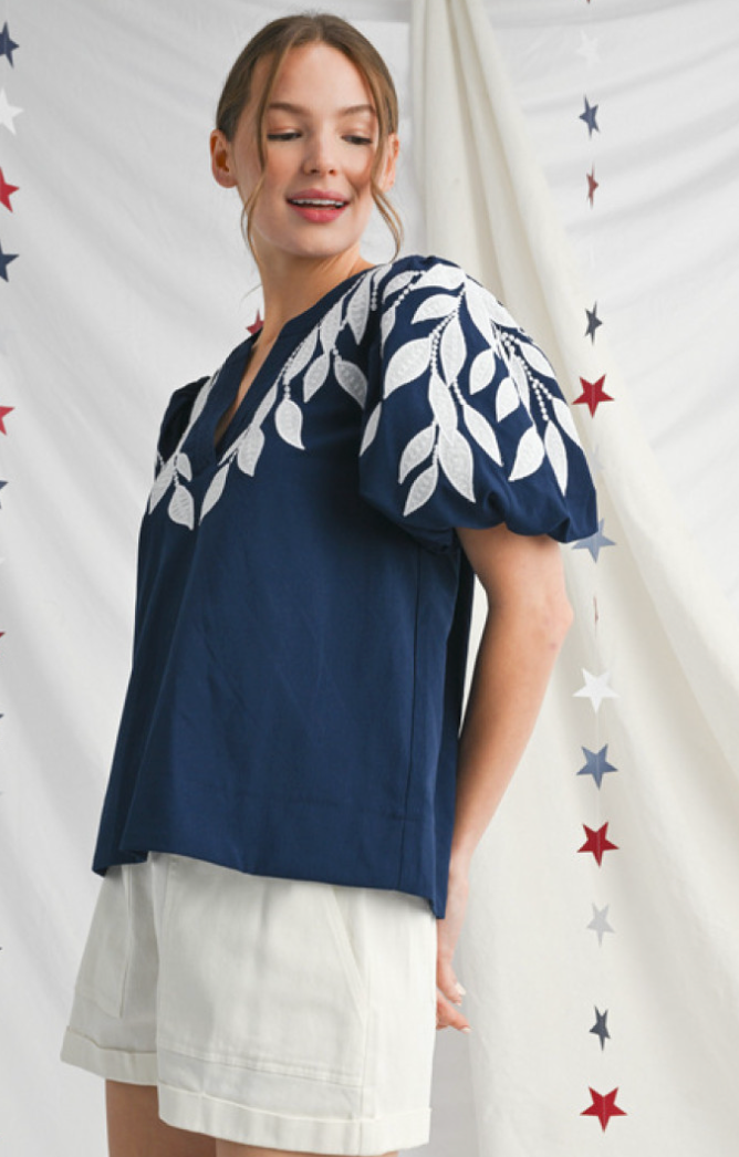Delicate Leaf Embroidery Top