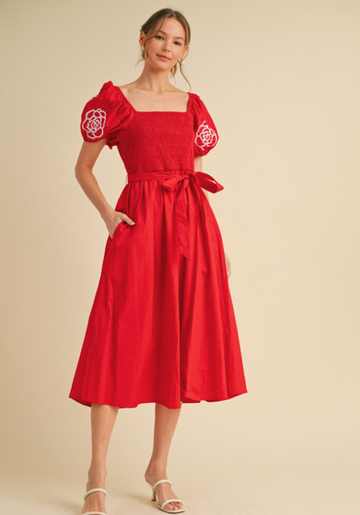Flowered Smocked Sleeve Dress