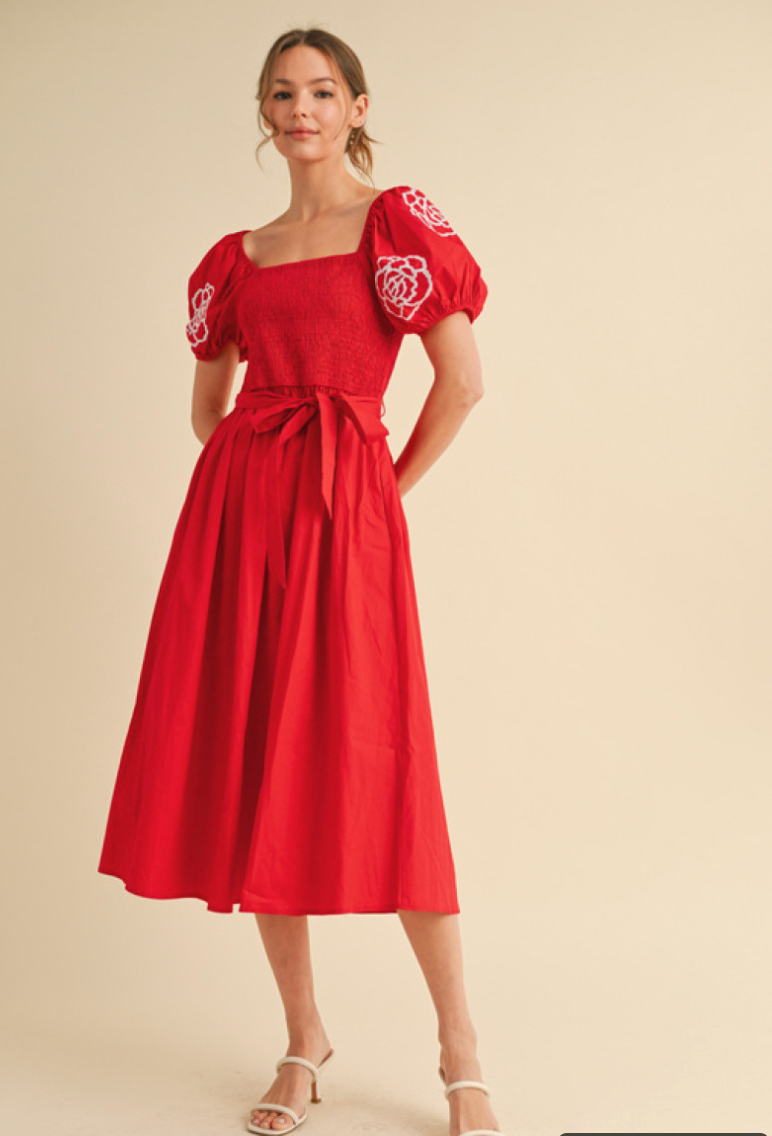 Flowered Smocked Sleeve Dress