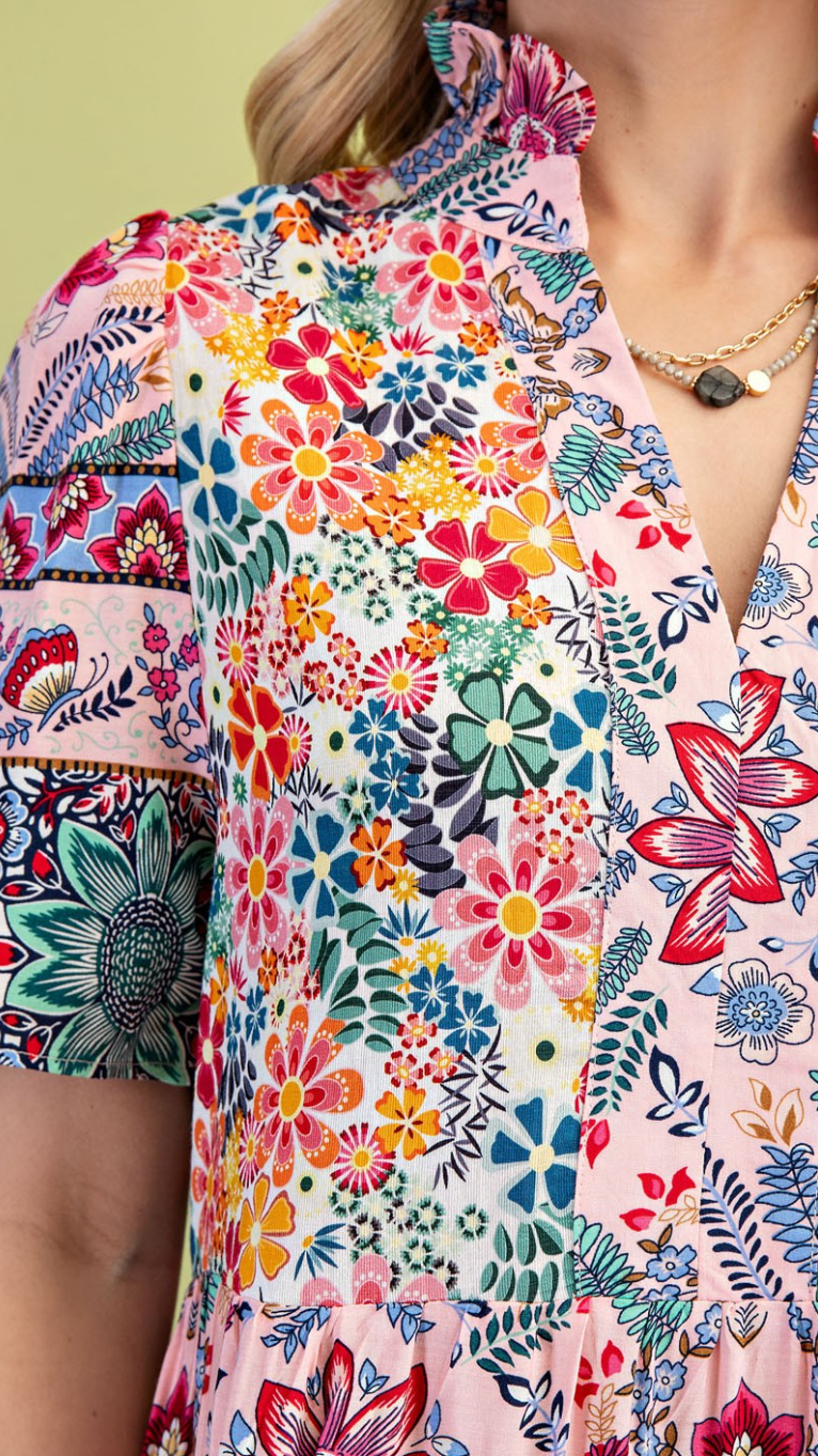 Mixed Print Tiered Midi Dress