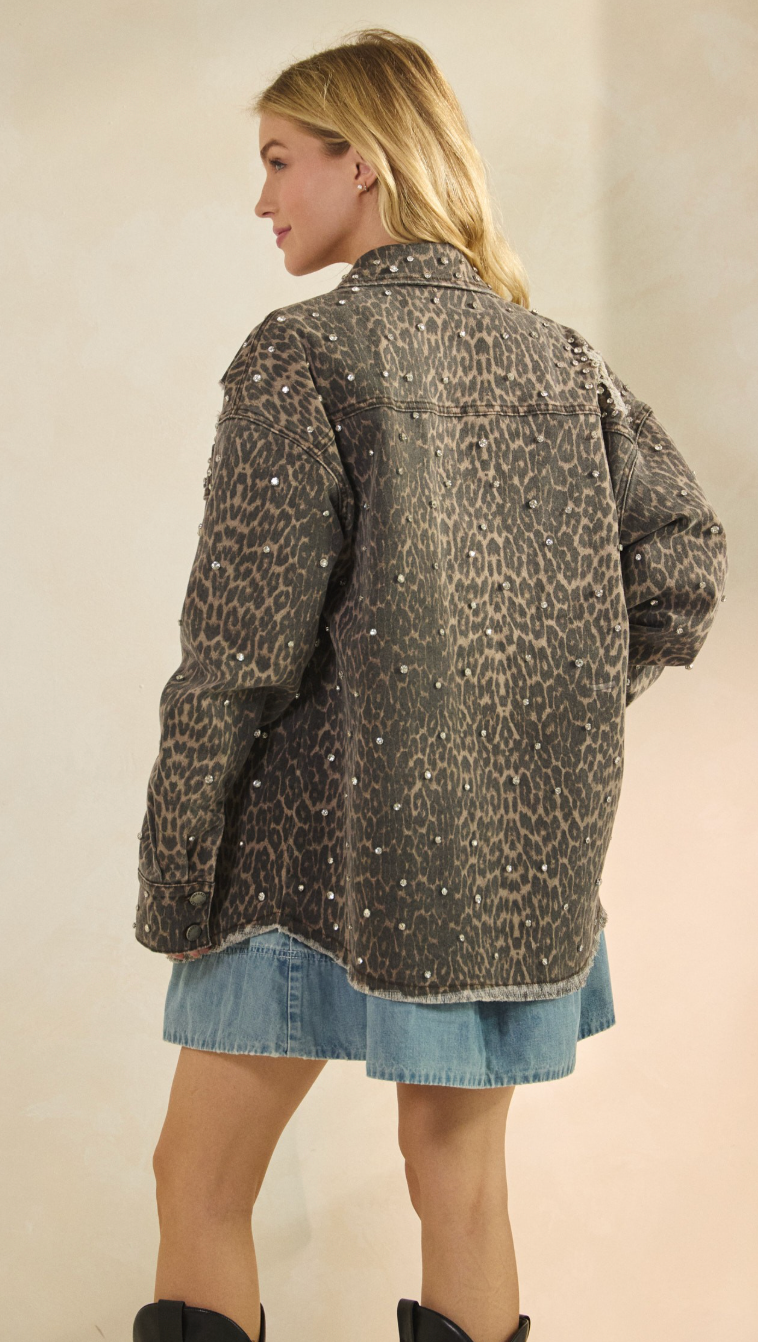 Leopard Rhinestone Denim Jacket