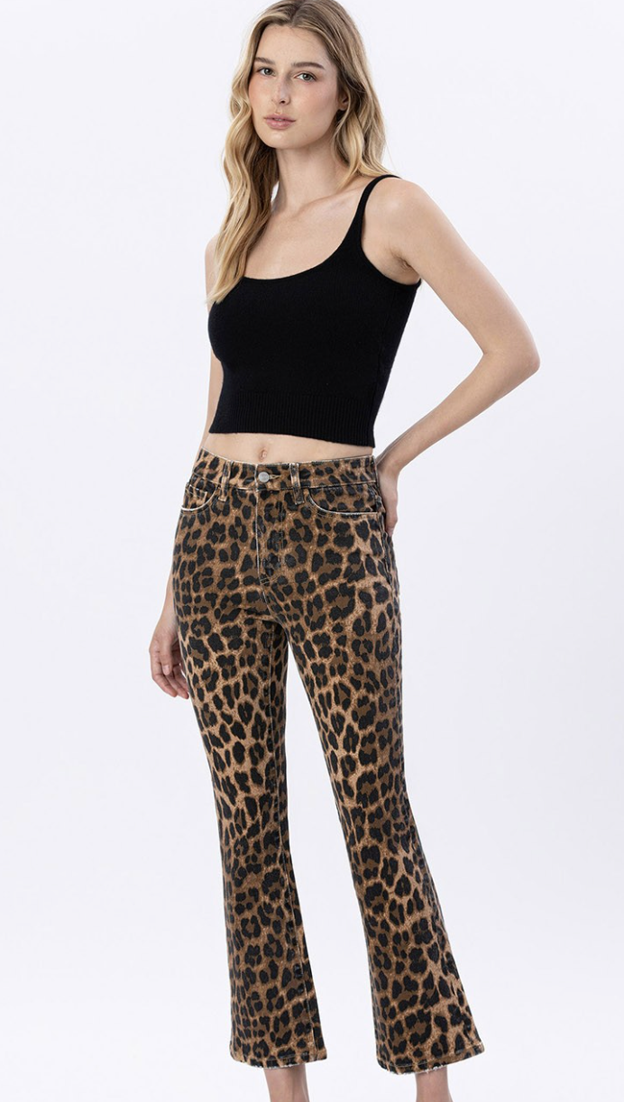 High Rise Leopard Print Kick Flare Jeans