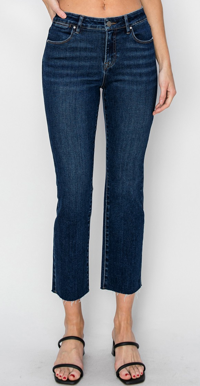 Mid Rise Raw Edge Hem Straight Jeans