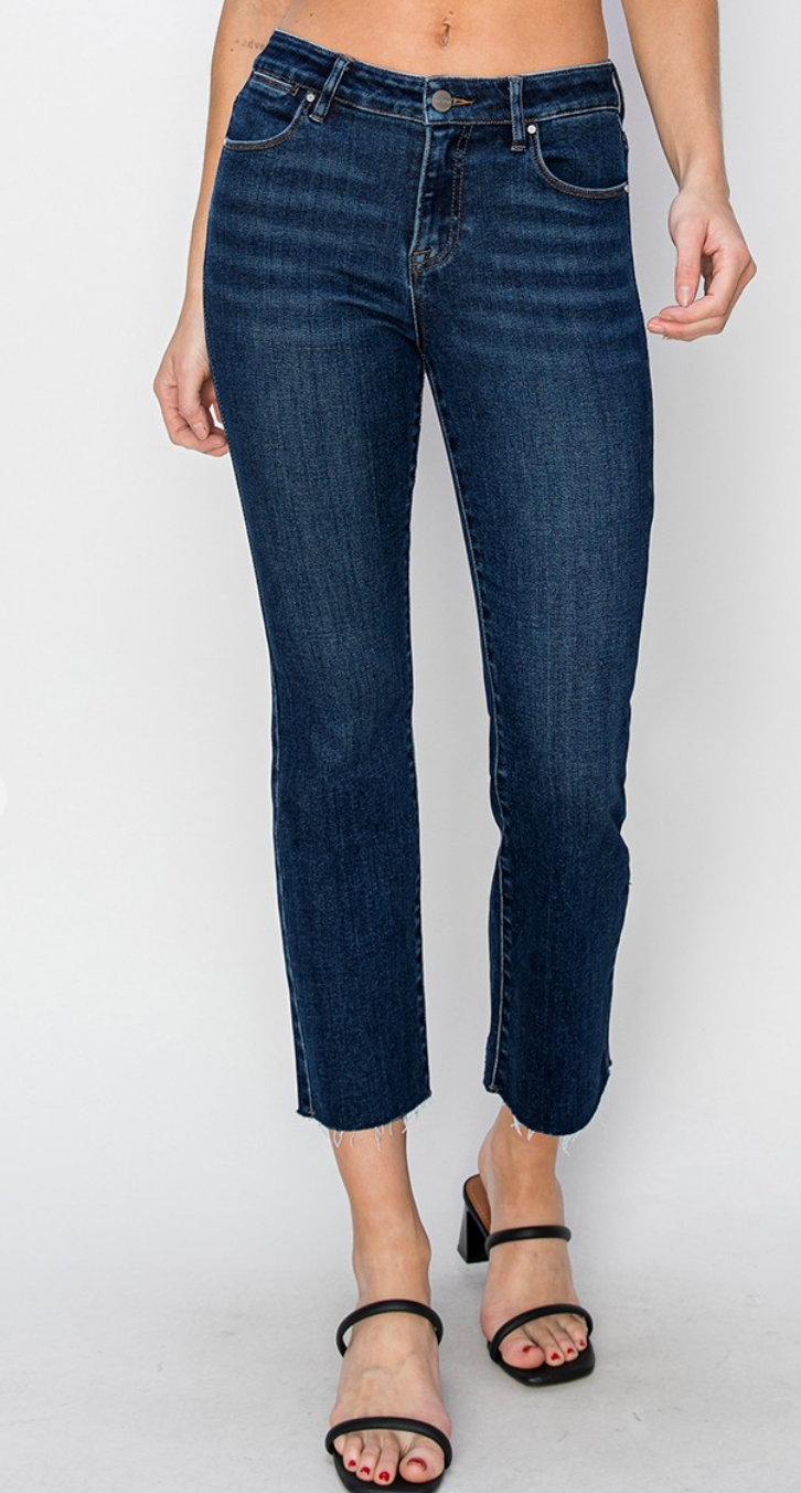 Mid Rise Raw Edge Hem Straight Jeans