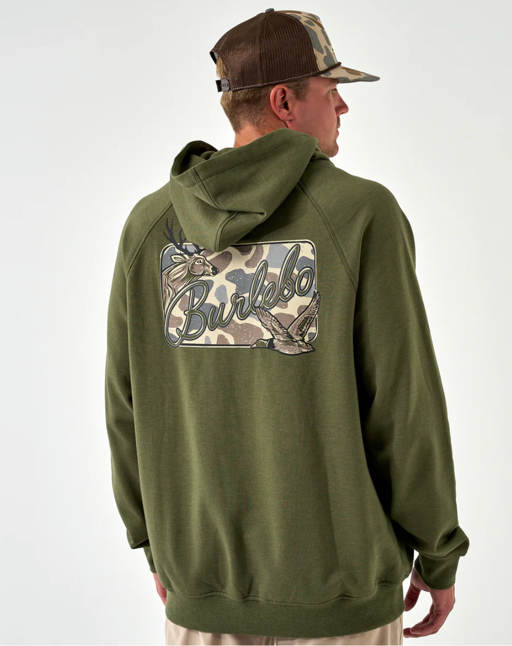 Fleece Hoodie - Deer Camo Patch Logo - Olive