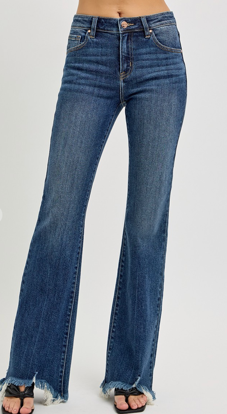 Mid Rise Flare Frayed Hem Jeans