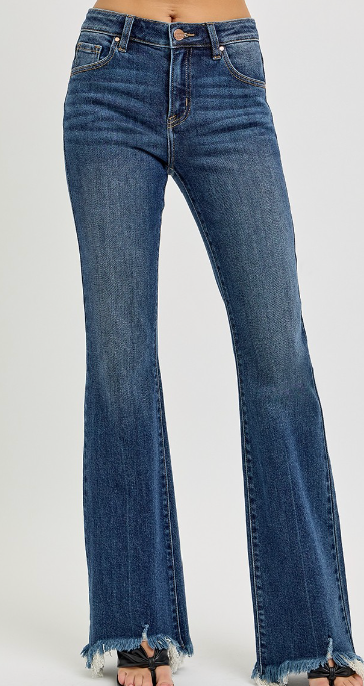 Mid Rise Flare Frayed Hem Jeans