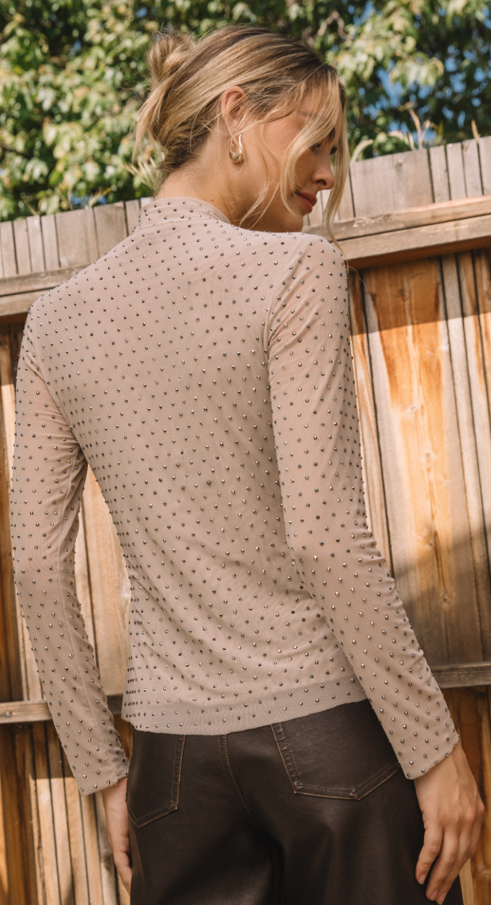 Embellished Mesh Mock Neck Top