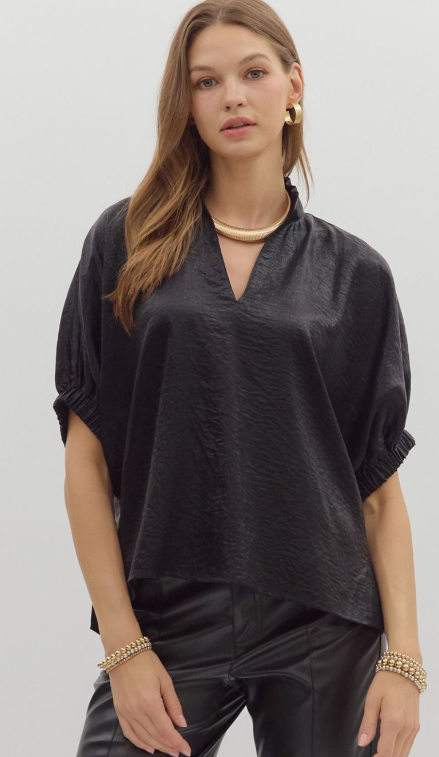 Black Metallic V-Neck Top