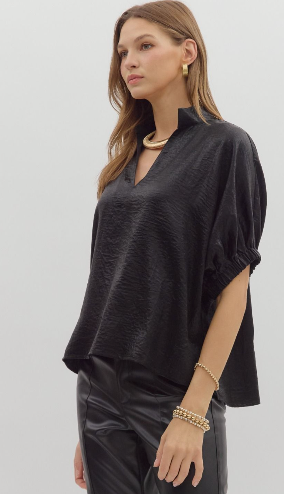 Black Metallic V-Neck Top