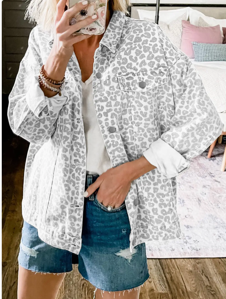 White Leopard Denim Jacket