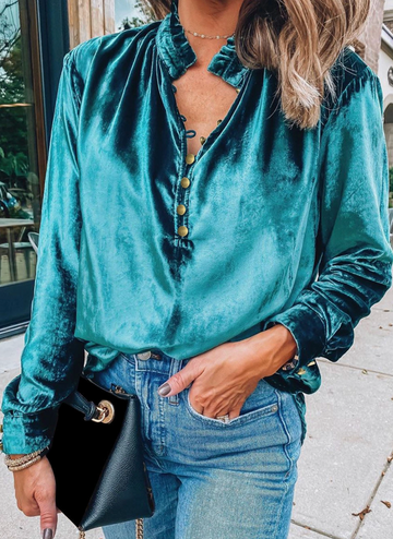 Velvet Ruffle Trim Blouse