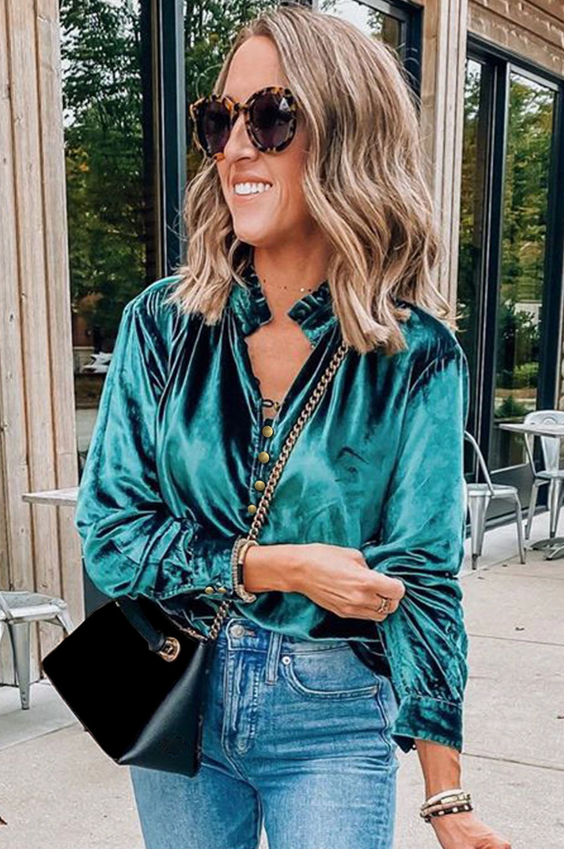Velvet Ruffle Trim Blouse
