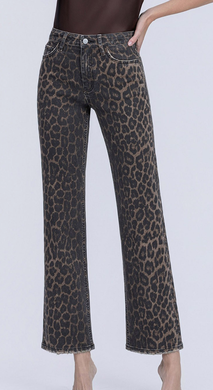 High Rise Leopard Print Slim Wide Jeans