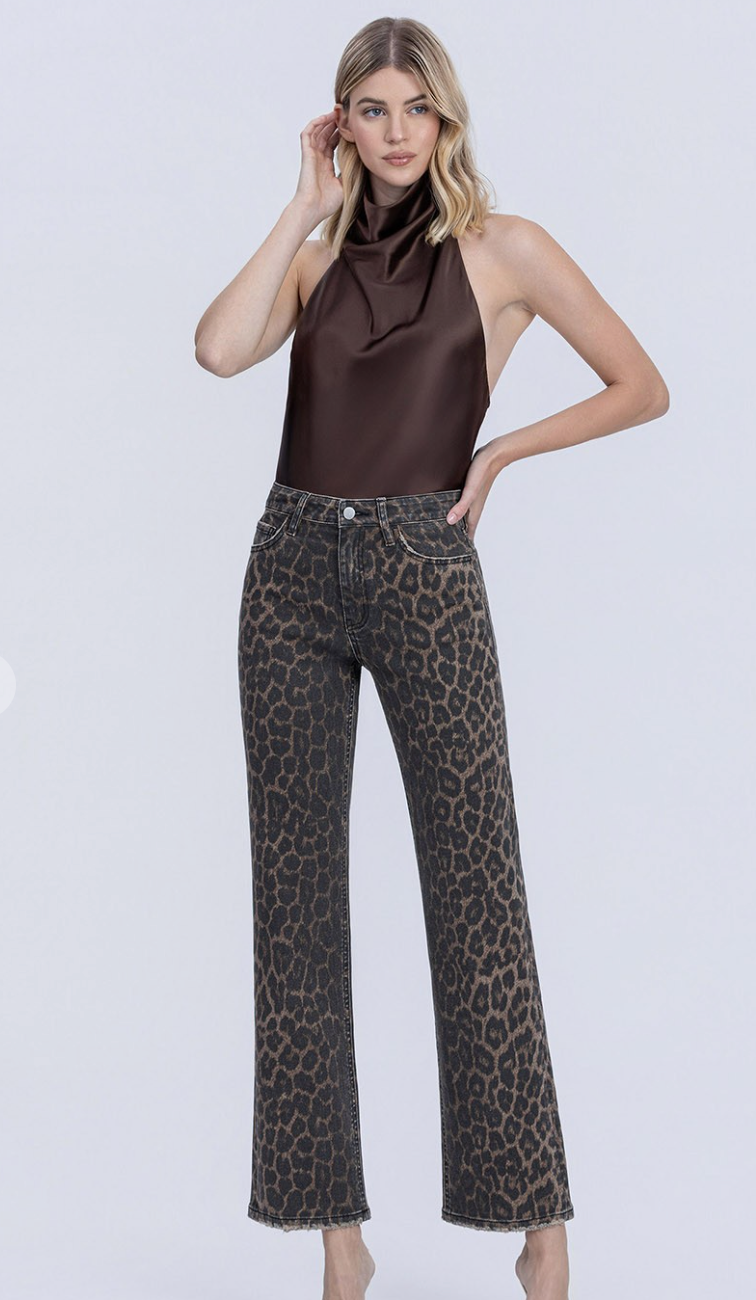 High Rise Leopard Print Slim Wide Jeans