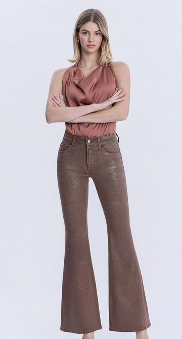 Mid Rise Gold Glitter Coated Flare Jeans