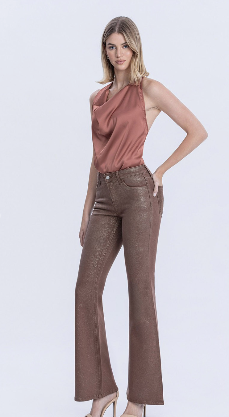 Mid Rise Gold Glitter Coated Flare Jeans