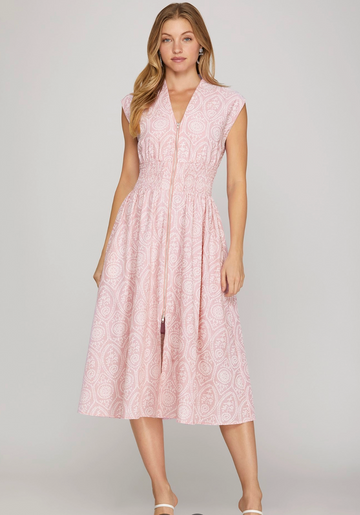 Eyelet Smocked Printed Dress