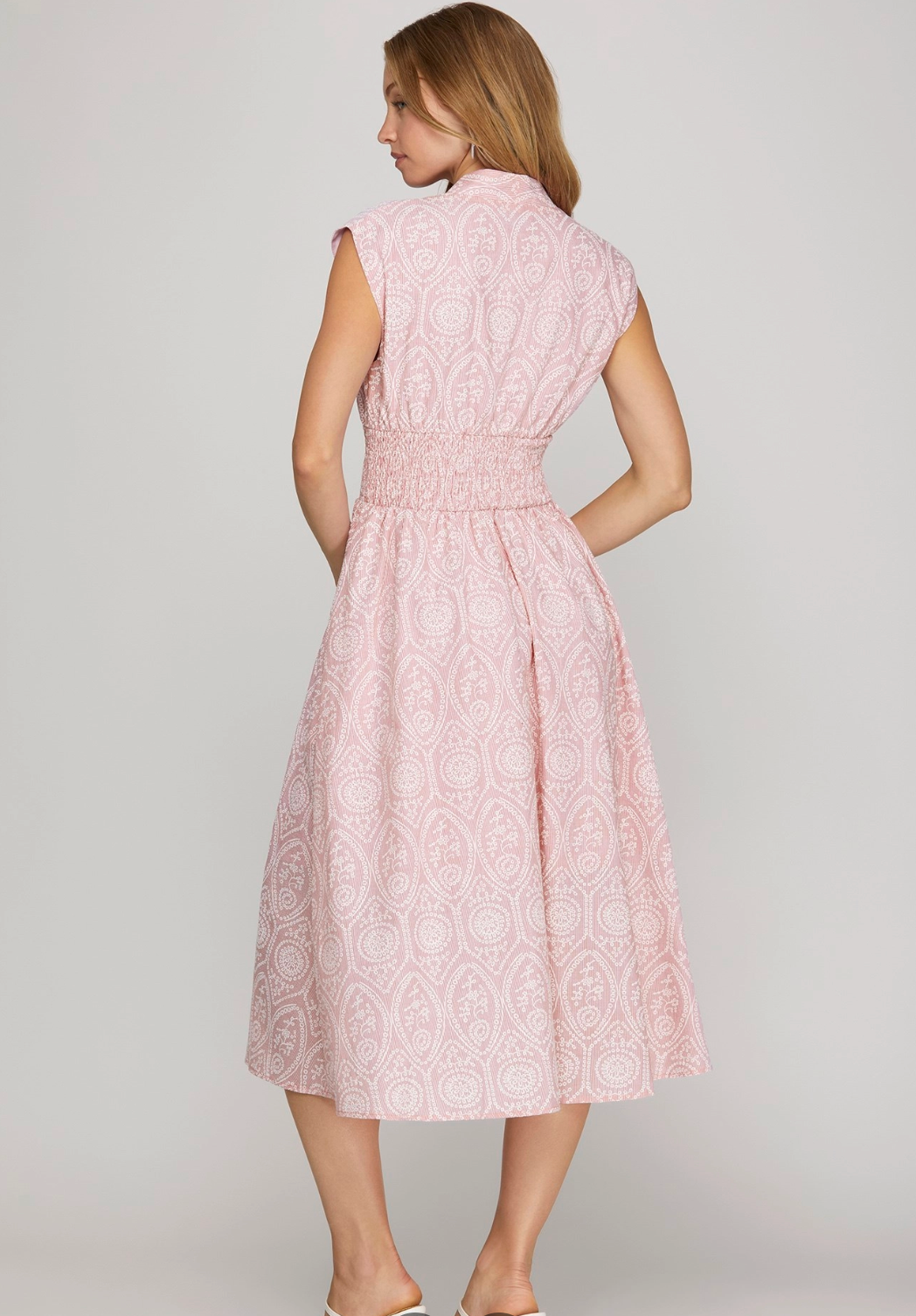 Eyelet Smocked Printed Dress