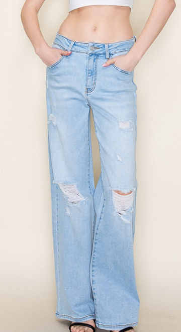 Fiore High Rise Distress Wide Leg Jeans