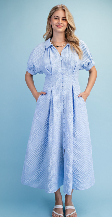 Seersucker Pleated Midi Shirt Dress