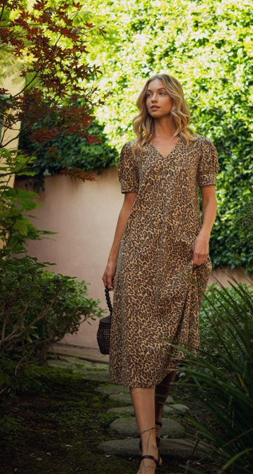 Leopard Print Woven Midi Dress