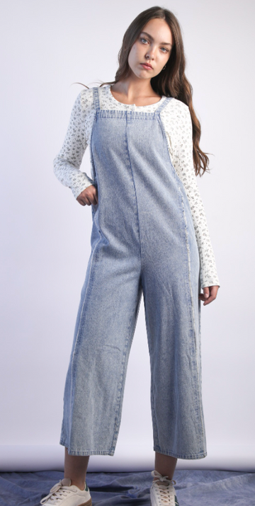 Frayed Detail Washed Denim Jumpsuit
