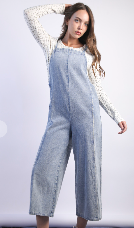 Frayed Detail Washed Denim Jumpsuit