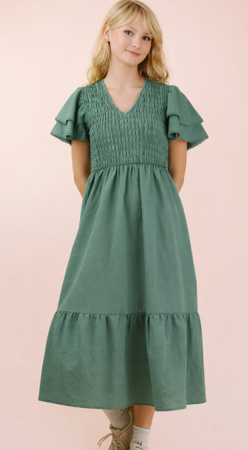 Smocking Torso Ruffle Sleeve Midi Dress