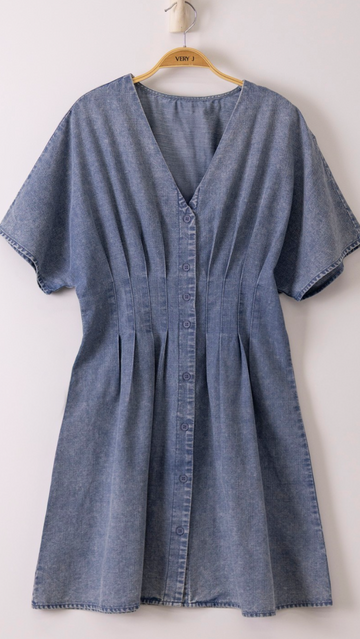 Pintuck Detail Mineral Washed Chambray Dress