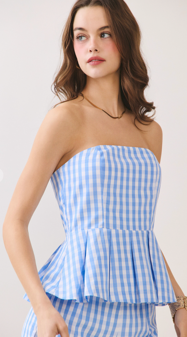 Gingham Print Flared Peplum Top