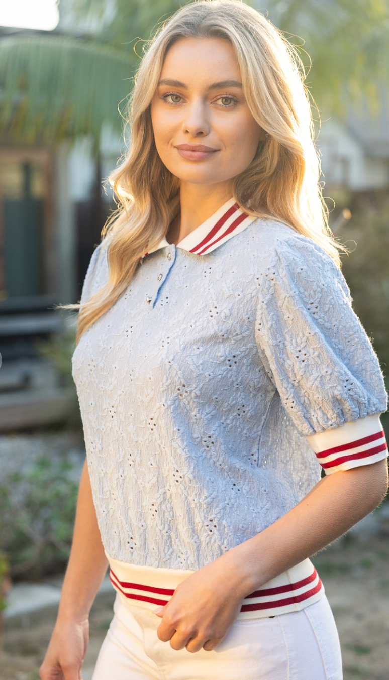 Stripe Knit Floral Eyelet Top