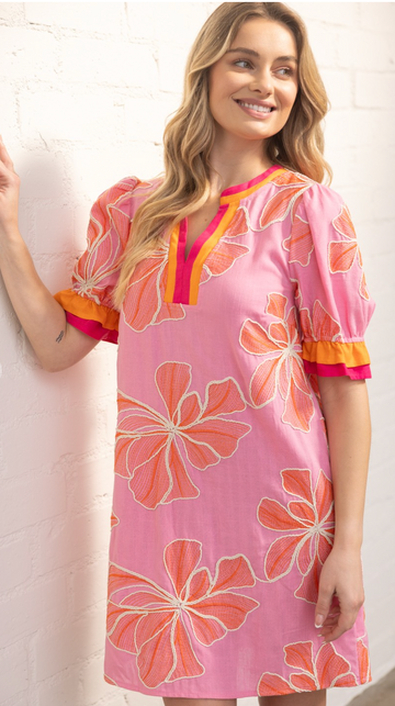 Multi Color Ruffled Floral Embroidered Dress