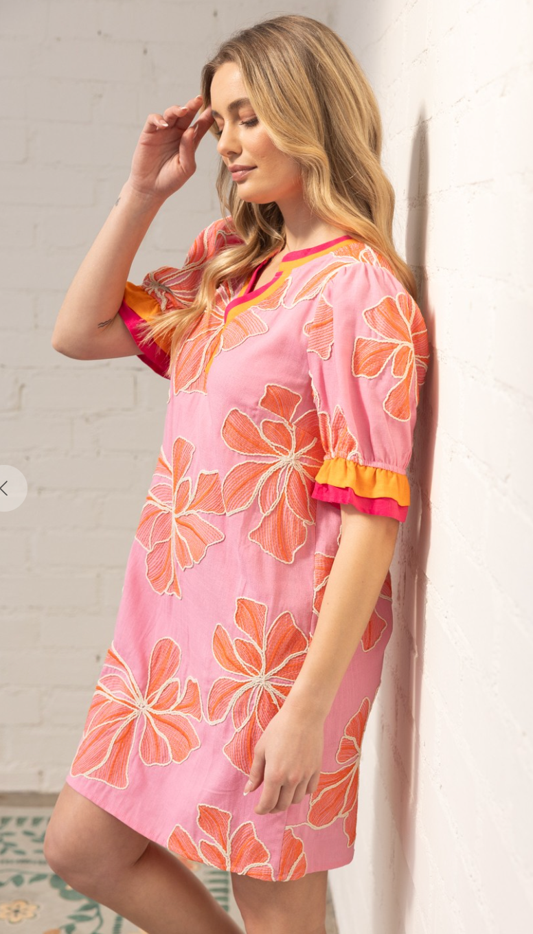 Multi Color Ruffled Floral Embroidered Dress