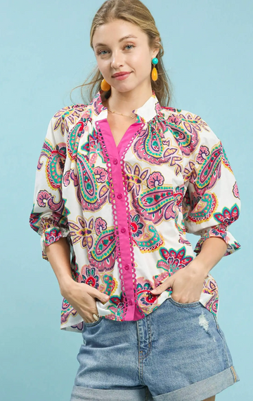 Beautiful Paisley Print Button Front Top