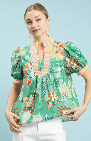 Mixed Abstract Print V-Neck Top