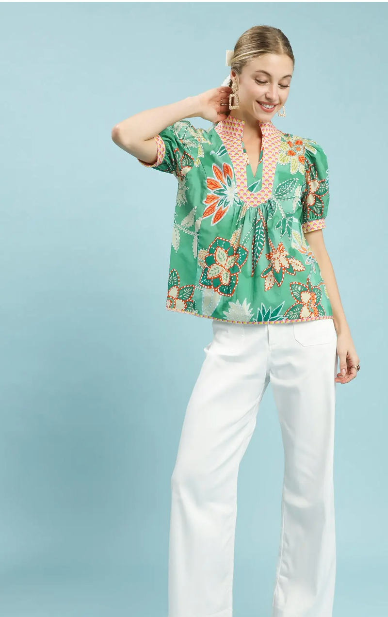 Mixed Abstract Print V-Neck Top