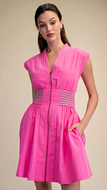 Striking Smocked Zip-Up Dress