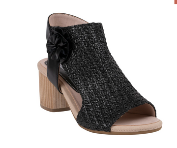 Zakki Black Flower Rosette Woven Block Heel Dress Sandals