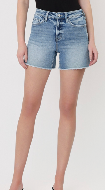 High Rise Raw Hem Midi Denim Shorts