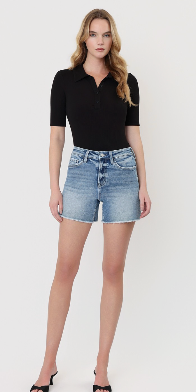 High Rise Raw Hem Midi Denim Shorts