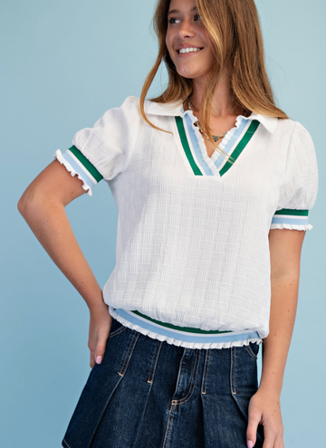 Textured Contrast V-Neck Top