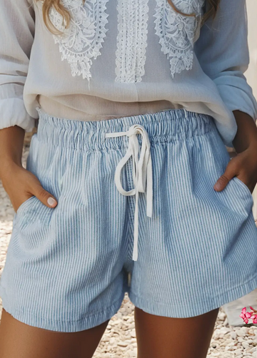 Stripe Drawstring Elastic Denim Shorts